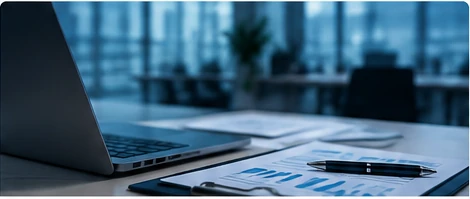 Laptop and business documents representing financial and commercial fraud risk
