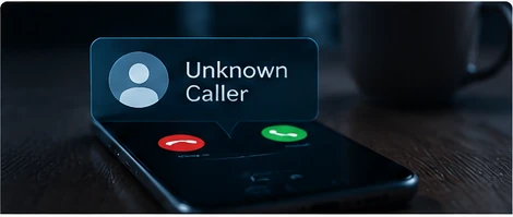 Mobile phone displaying an unknown caller warning