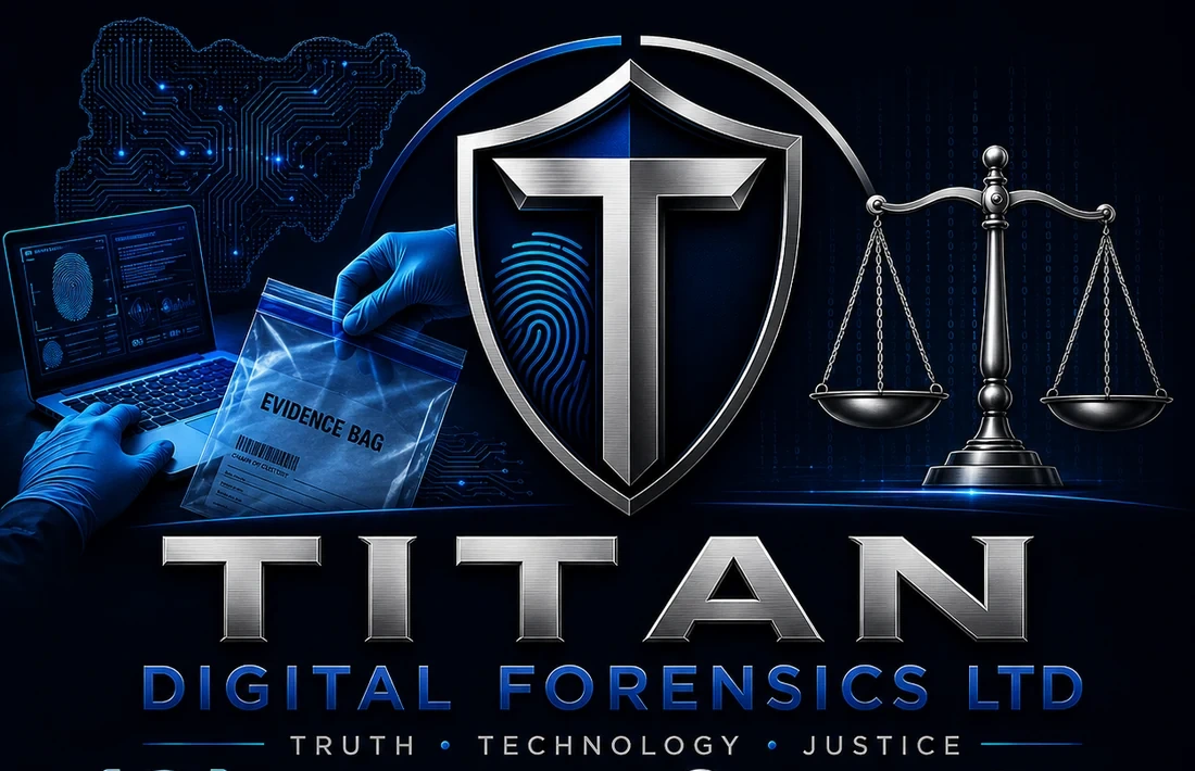 Titan Digital Forensics branding featuring digital evidence, a fingerprint shield and justice scales