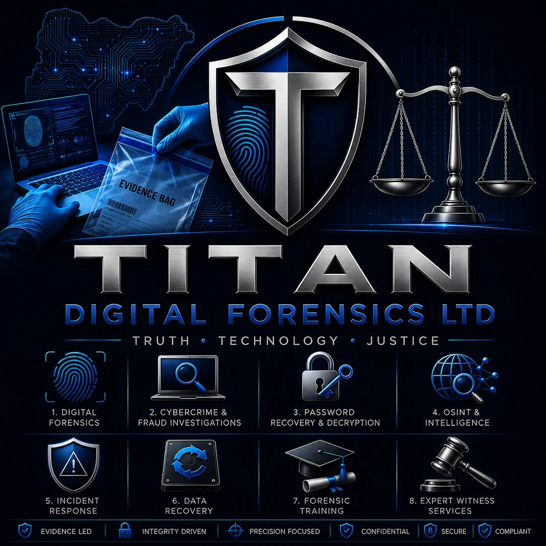 Titan Digital Forensics branding featuring digital evidence, a fingerprint shield and justice scales